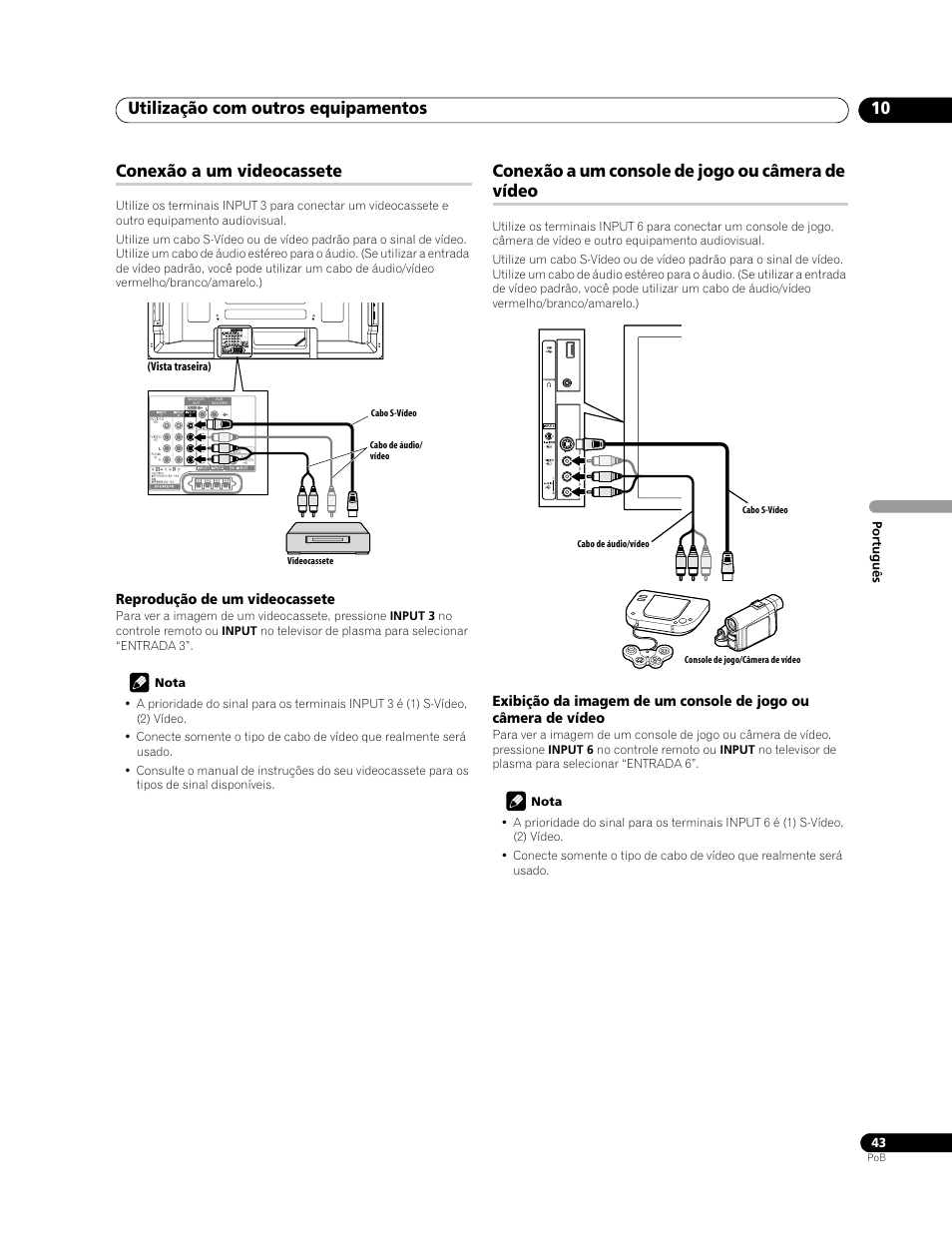 Utilização com outros equipamentos 10, Conexão a um videocassete, Conexão a um console de jogo ou câmera de vídeo | Pioneer PDP-428XG User Manual | Page 175 / 266