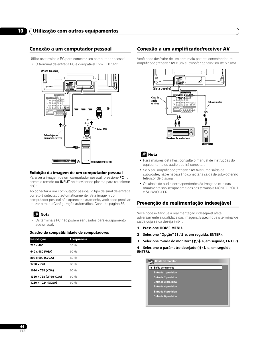 Utilização com outros equipamentos 10, Conexão a um computador pessoal, Conexão a um amplificador/receiver av | Prevenção de realimentação indesejável | Pioneer PDP-428XG User Manual | Page 176 / 266