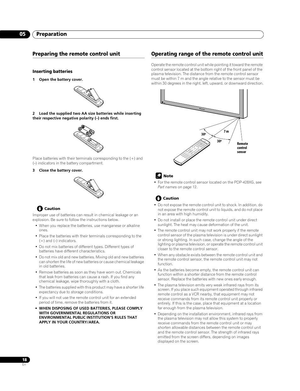 Preparation 05, Preparing the remote control unit, Operating range of the remote control unit | Pioneer PDP-428XG User Manual | Page 18 / 266
