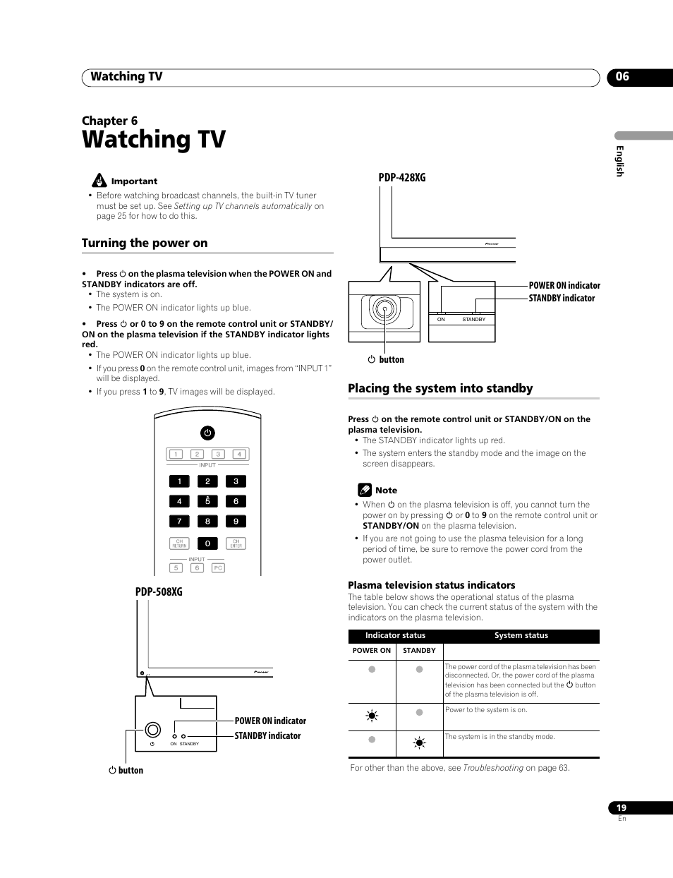 06 watching tv, Watching tv, Watching tv 06 | Chapter 6, Turning the power on, Placing the system into standby, Pdp-508xg, Pdp-428xg | Pioneer PDP-428XG User Manual | Page 19 / 266