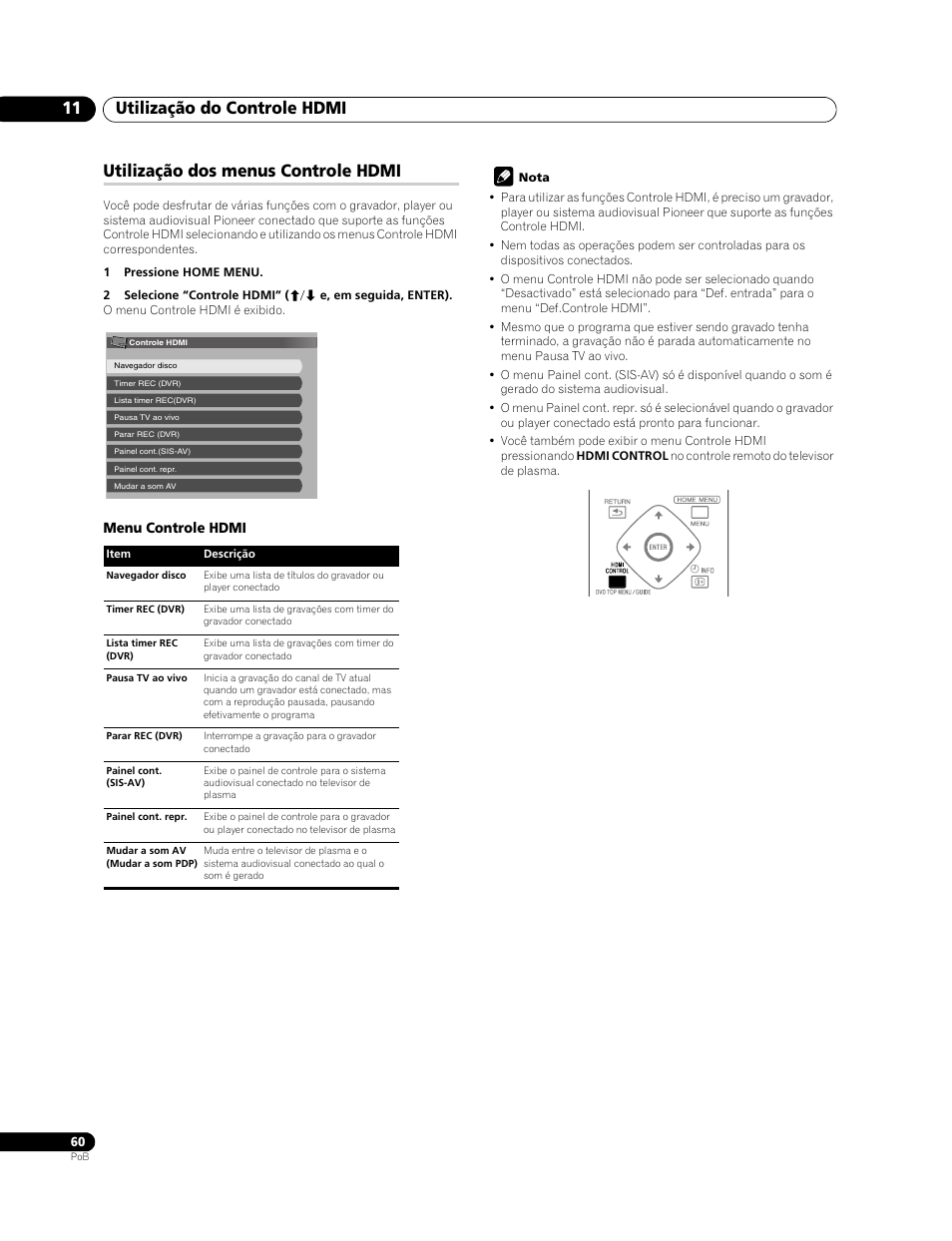 Utilização dos menus controle hdmi, Utilização do controle hdmi 11 | Pioneer PDP-428XG User Manual | Page 192 / 266