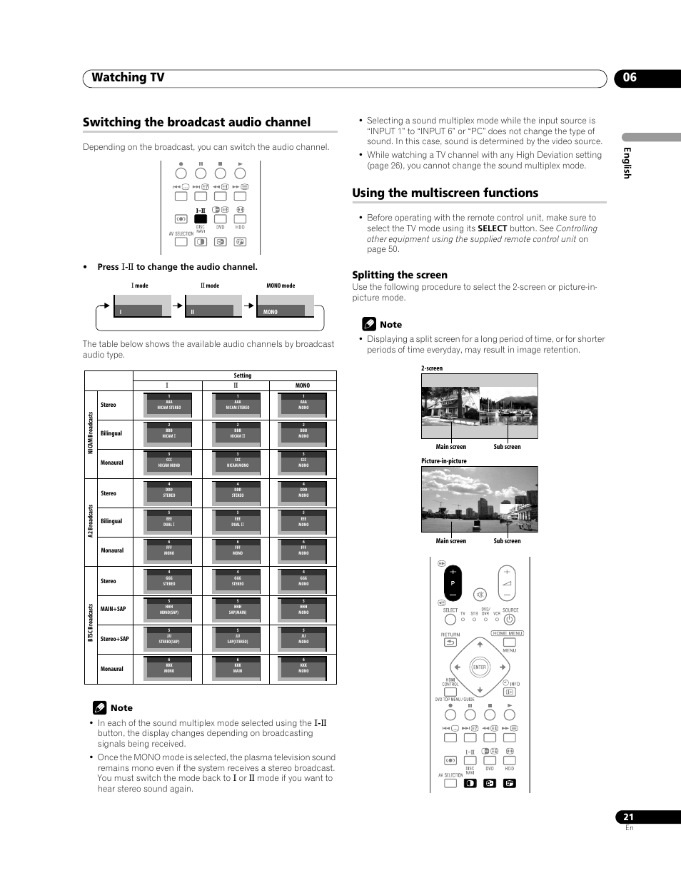 Watching tv 06, Switching the broadcast audio channel, Using the multiscreen functions | Splitting the screen, Eng lis h | Pioneer PDP-428XG User Manual | Page 21 / 266