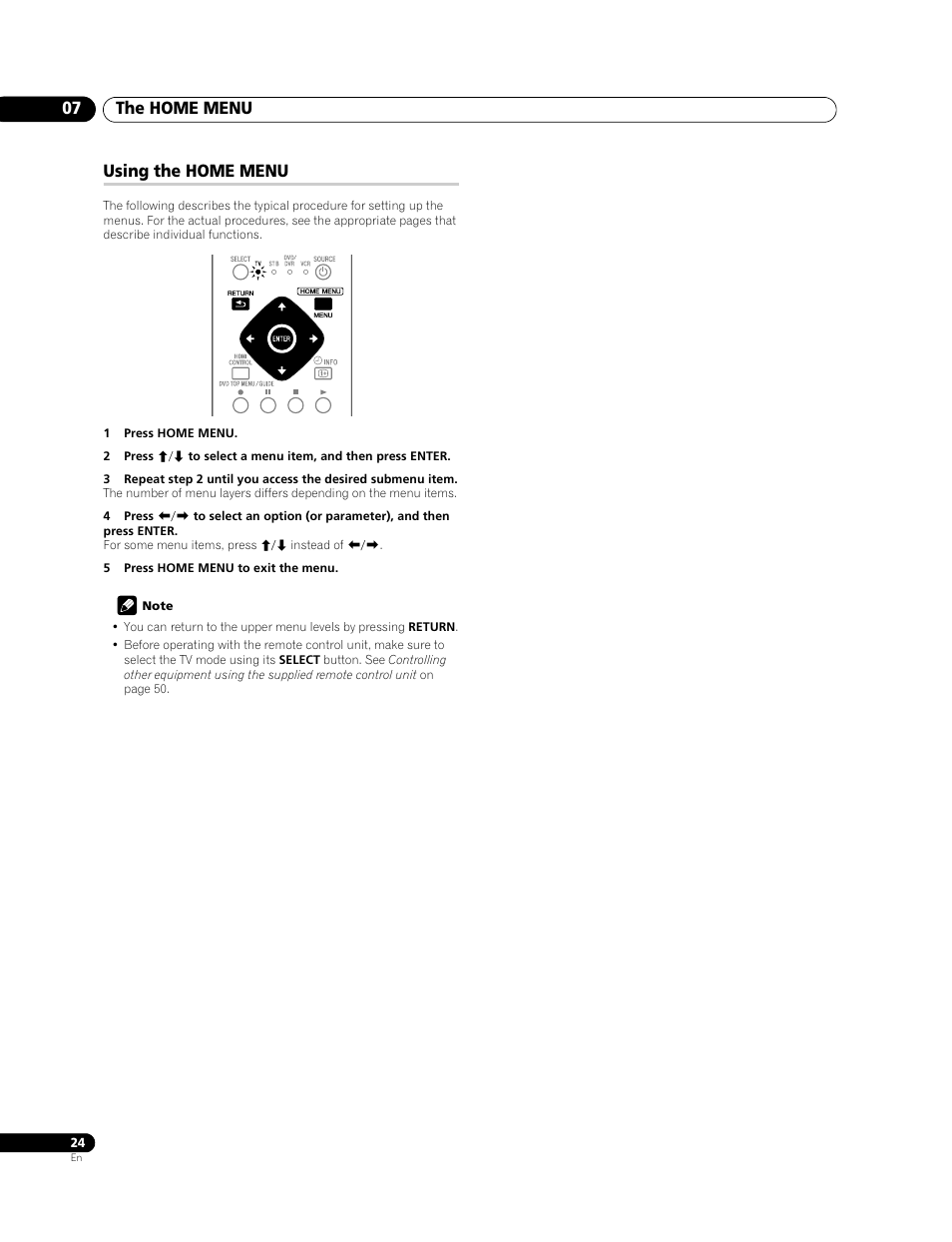 Using the home menu, The home menu 07 | Pioneer PDP-428XG User Manual | Page 24 / 266