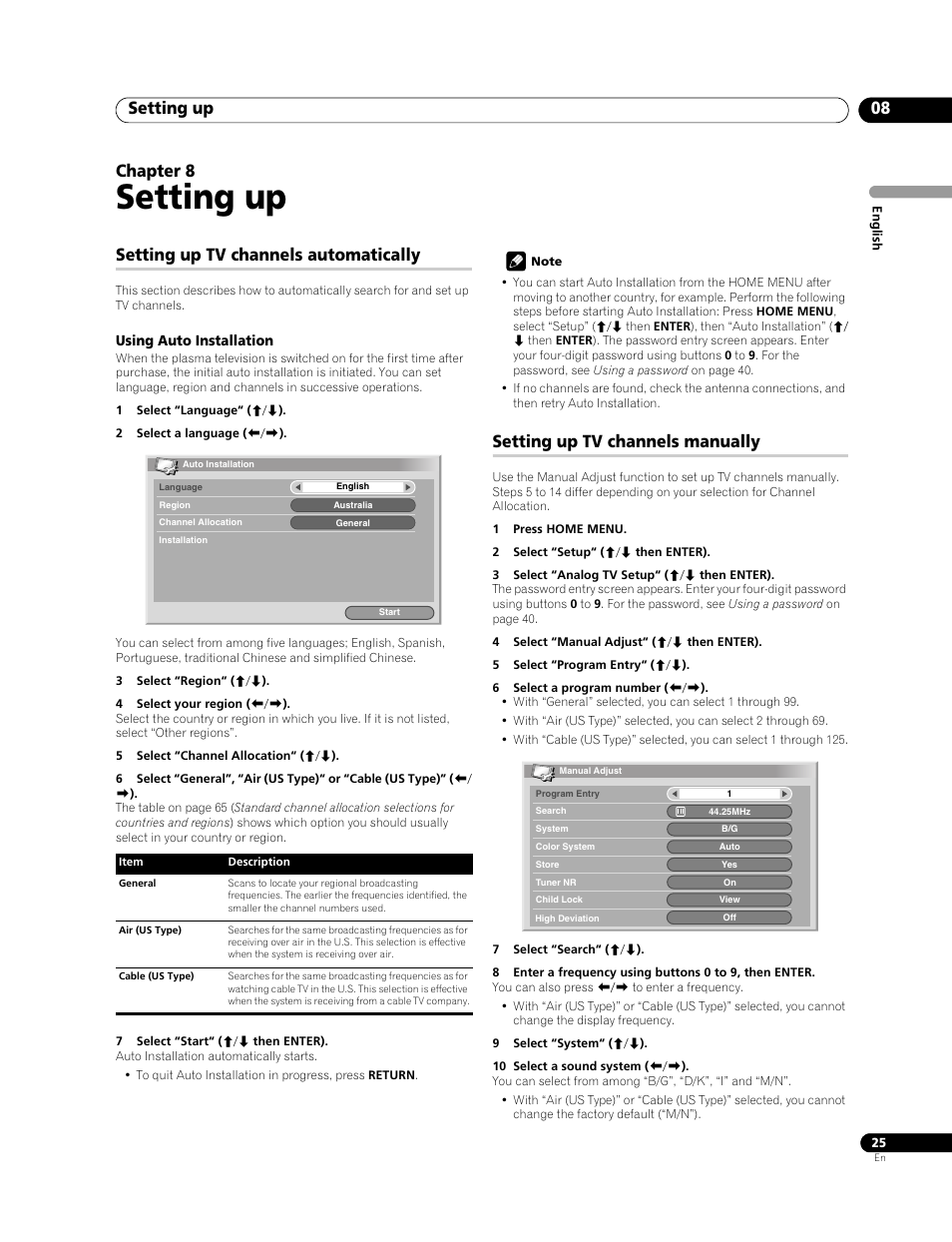 08 setting up, Setting up, Setting up 08 | Chapter 8, Setting up tv channels automatically, Setting up tv channels manually | Pioneer PDP-428XG User Manual | Page 25 / 266