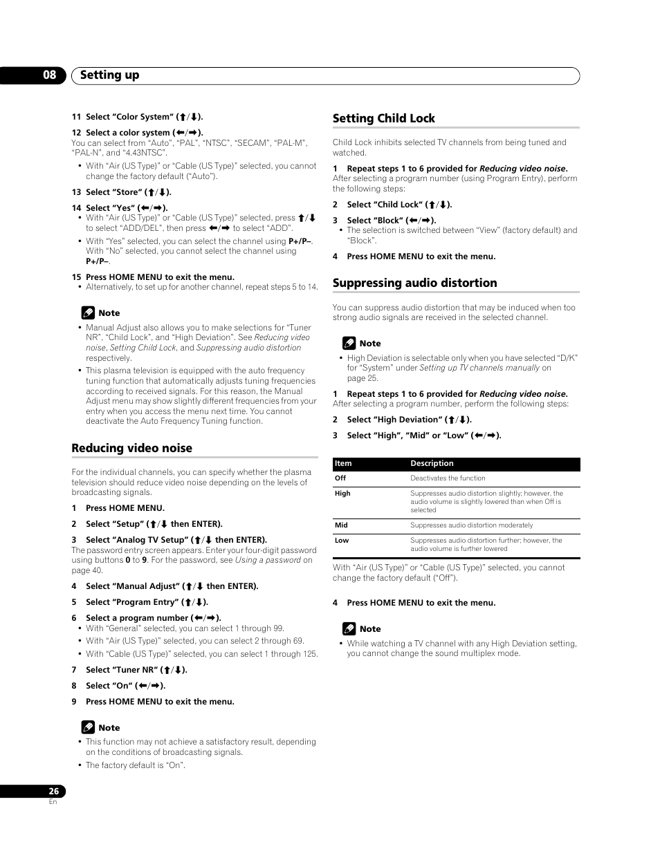 Setting up 08, Reducing video noise, Setting child lock | Suppressing audio distortion | Pioneer PDP-428XG User Manual | Page 26 / 266