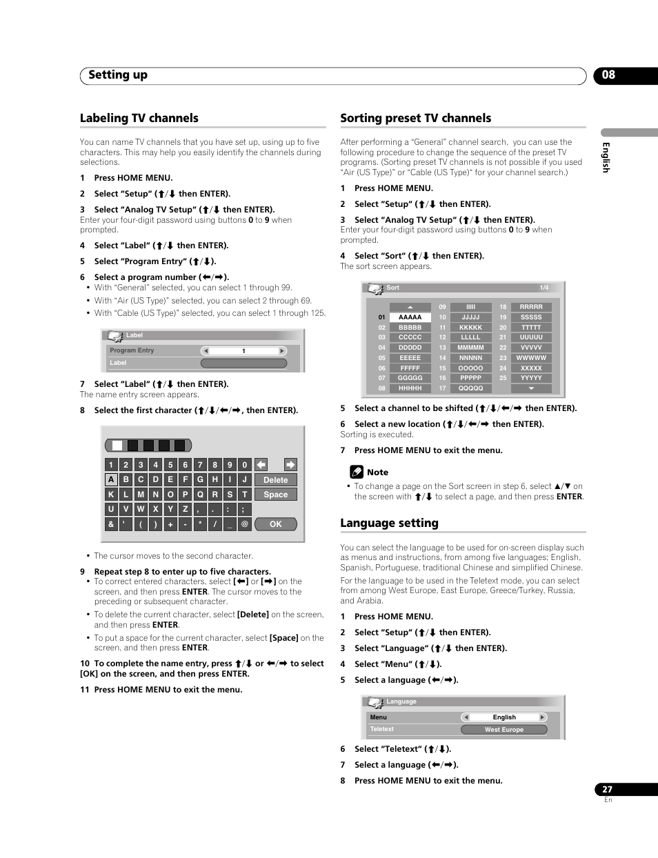 Setting up 08, Labeling tv channels, Sorting preset tv channels | Language setting | Pioneer PDP-428XG User Manual | Page 27 / 266