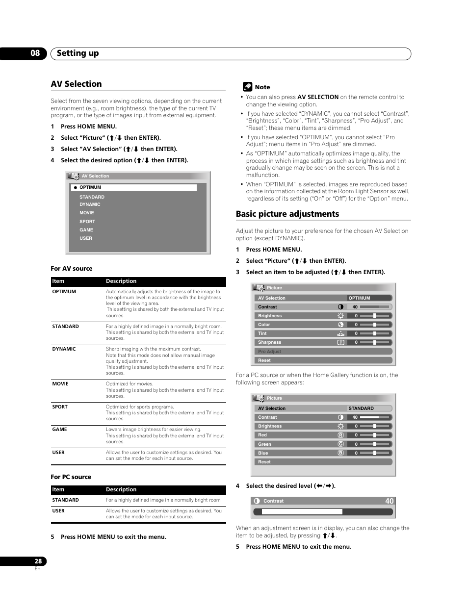 Av selection basic picture adjustments, Setting up 08, Av selection | Basic picture adjustments | Pioneer PDP-428XG User Manual | Page 28 / 266