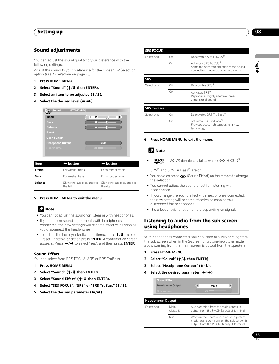 Setting up 08, Sound adjustments | Pioneer PDP-428XG User Manual | Page 33 / 266