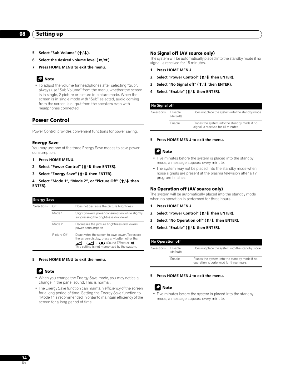 Power control, Setting up 08 | Pioneer PDP-428XG User Manual | Page 34 / 266