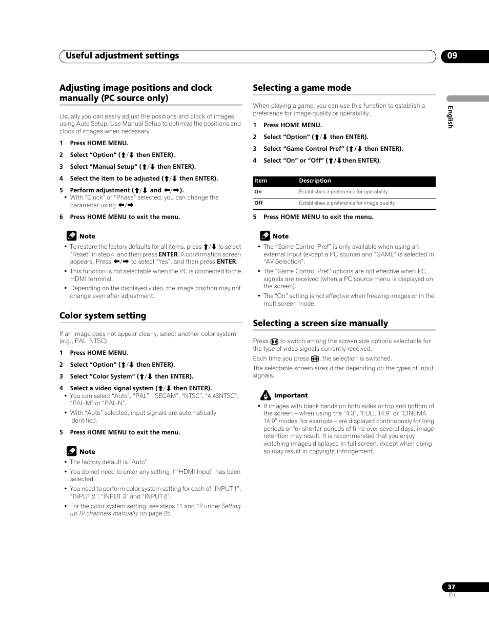 Useful adjustment settings 09, Color system setting, Selecting a game mode | Selecting a screen size manually | Pioneer PDP-428XG User Manual | Page 37 / 266