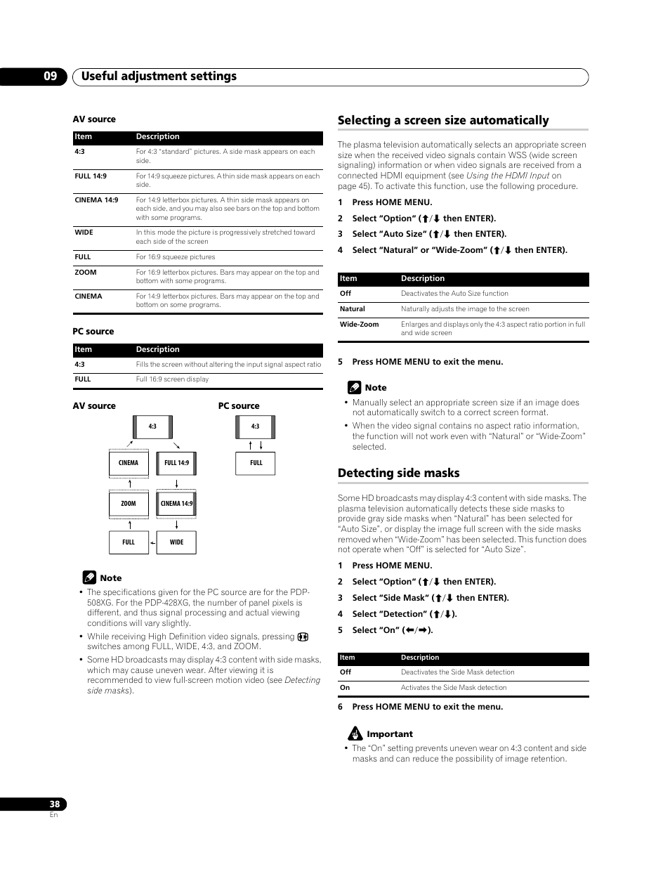 Useful adjustment settings 09, Selecting a screen size automatically, Detecting side masks | Pioneer PDP-428XG User Manual | Page 38 / 266