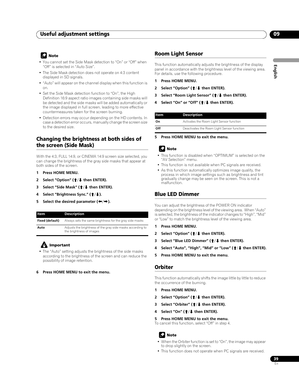 Useful adjustment settings 09, Room light sensor, Blue led dimmer | Orbiter | Pioneer PDP-428XG User Manual | Page 39 / 266