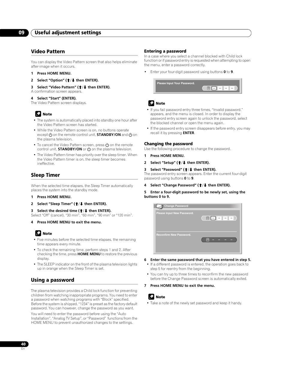 Video pattern sleep timer using a password, Using a password on, For the password, see using a password on | Useful adjustment settings 09, Video pattern, Sleep timer, Using a password | Pioneer PDP-428XG User Manual | Page 40 / 266