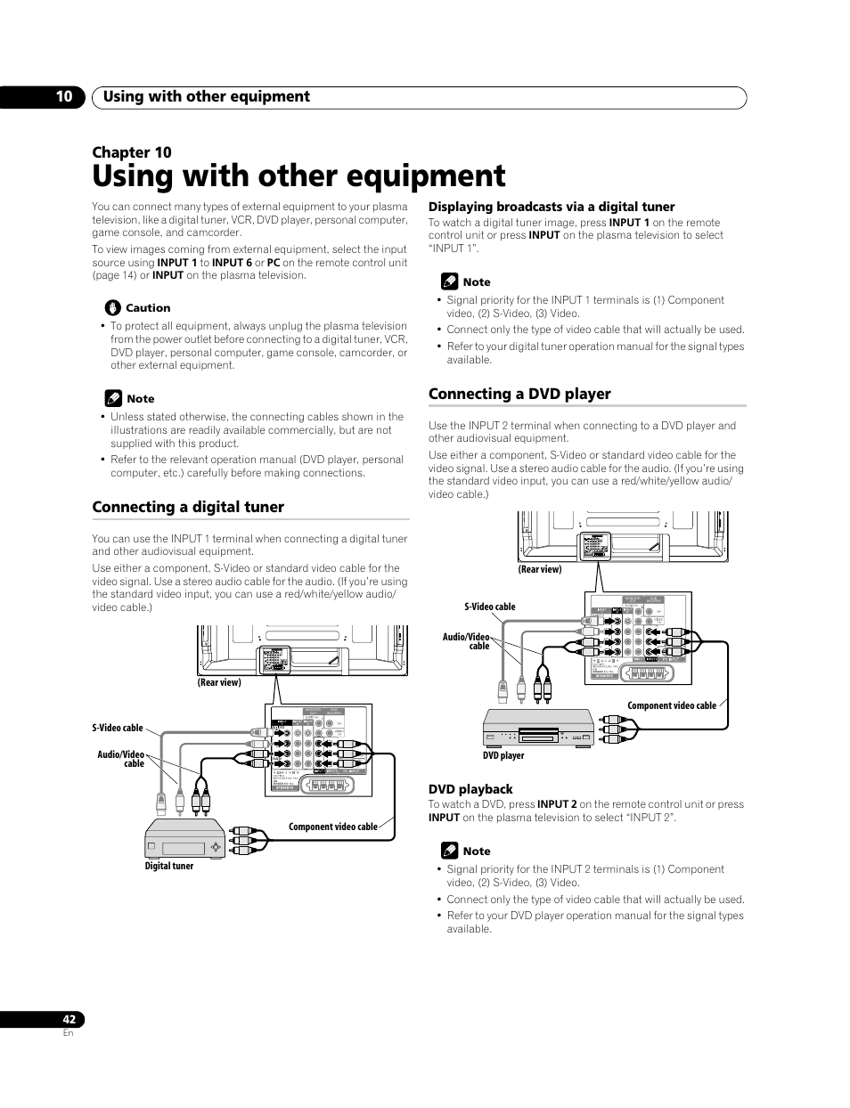 10 using with other equipment, Connecting a digital tuner connecting a dvd player, Using with other equipment | Using with other equipment 10, Chapter 10, Connecting a digital tuner, Connecting a dvd player | Pioneer PDP-428XG User Manual | Page 42 / 266