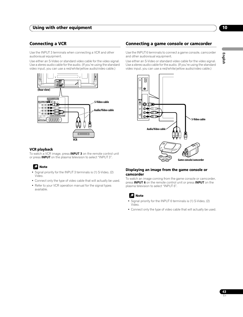 Using with other equipment 10, Connecting a vcr, Connecting a game console or camcorder | Pioneer PDP-428XG User Manual | Page 43 / 266
