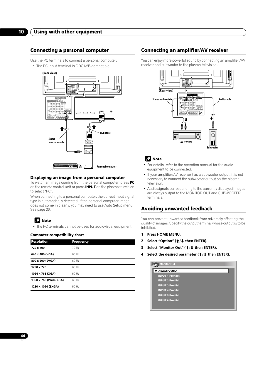 Using with other equipment 10, Connecting a personal computer, Connecting an amplifier/av receiver | Avoiding unwanted feedback | Pioneer PDP-428XG User Manual | Page 44 / 266