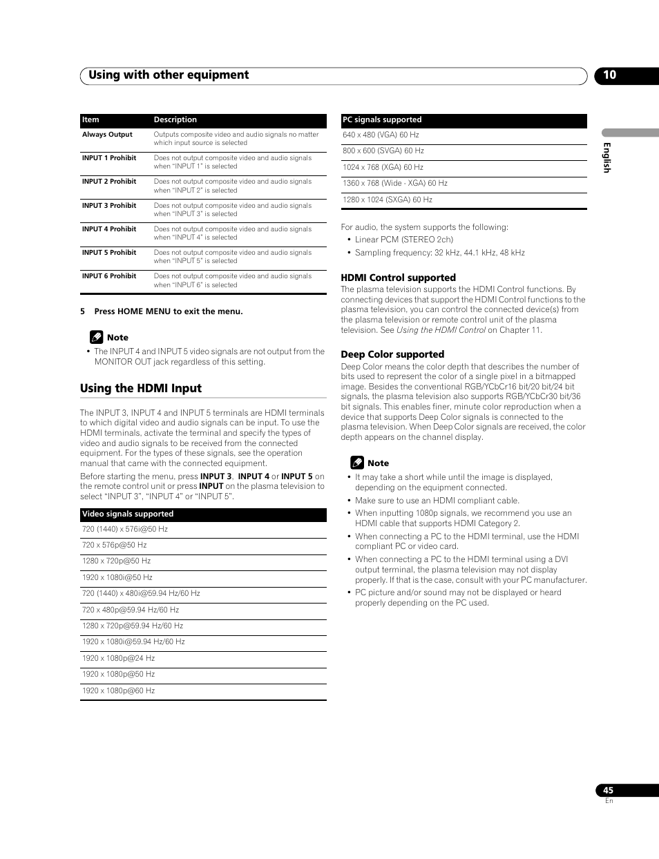 Using the hdmi input, Using with other equipment 10 | Pioneer PDP-428XG User Manual | Page 45 / 266