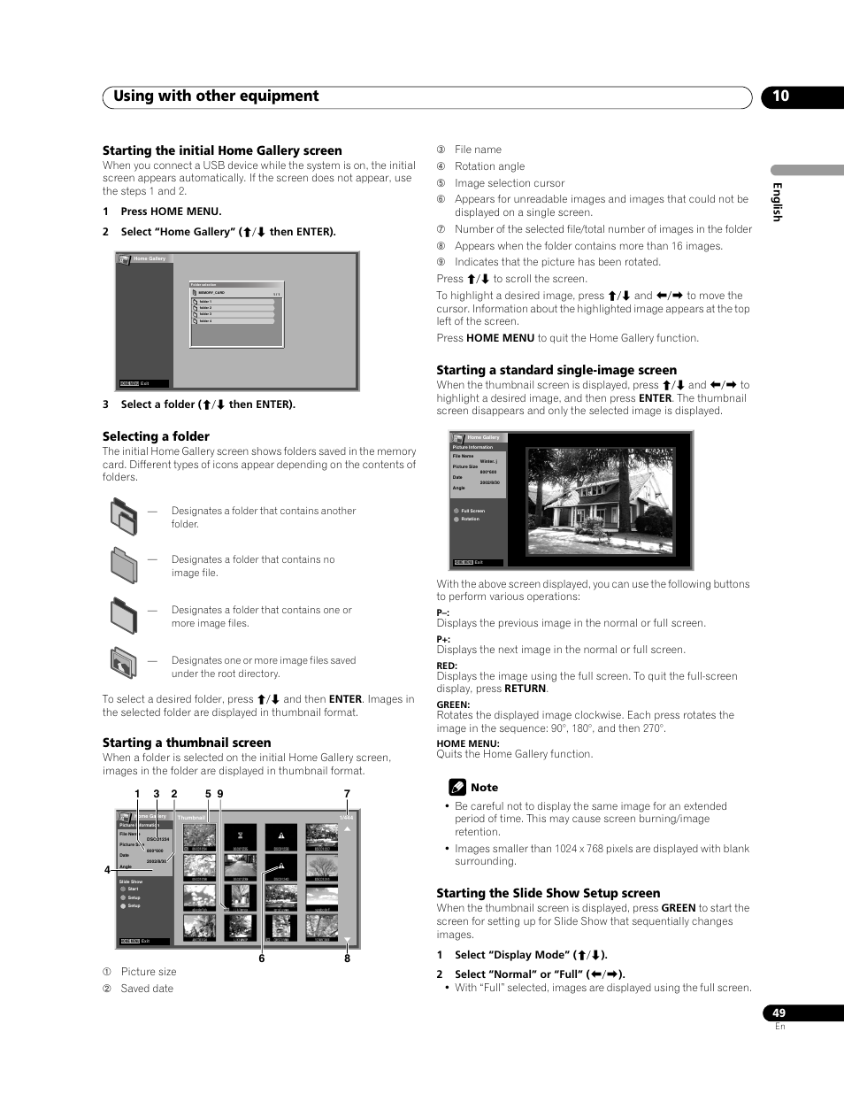 Using with other equipment 10, Starting the initial home gallery screen, Selecting a folder | Starting a thumbnail screen, Starting a standard single-image screen, Starting the slide show setup screen, Eng lis h | Pioneer PDP-428XG User Manual | Page 49 / 266