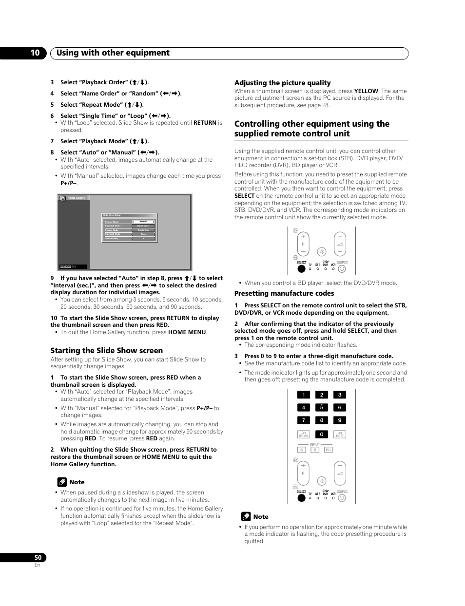 Ee controlling, Using with other equipment 10, Starting the slide show screen | Pioneer PDP-428XG User Manual | Page 50 / 266