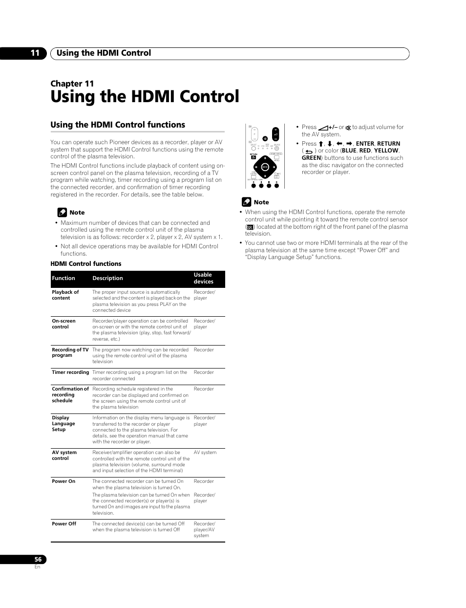 11 using the hdmi control, Using the hdmi control functions, Using the hdmi control | Using the hdmi control 11, Chapter 11 | Pioneer PDP-428XG User Manual | Page 56 / 266