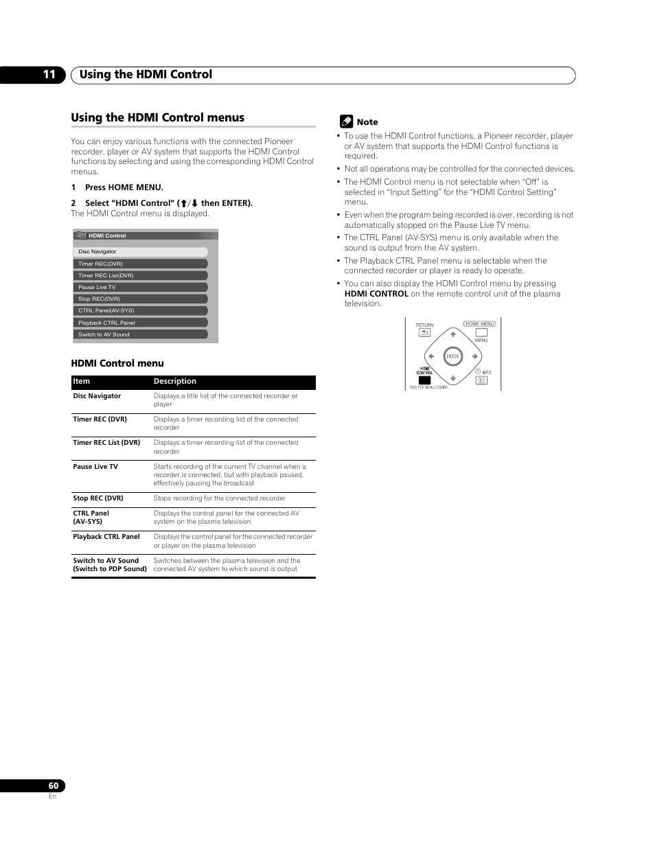 Using the hdmi control menus, Using the hdmi control 11 | Pioneer PDP-428XG User Manual | Page 60 / 266