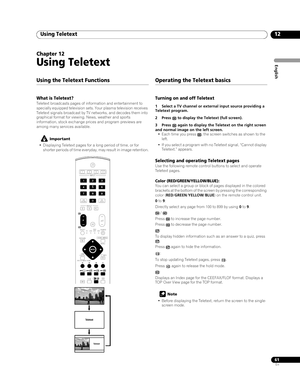 12 using teletext, So operating the, Using teletext | Using teletext 12, Chapter 12, Using the teletext functions, Operating the teletext basics | Pioneer PDP-428XG User Manual | Page 61 / 266