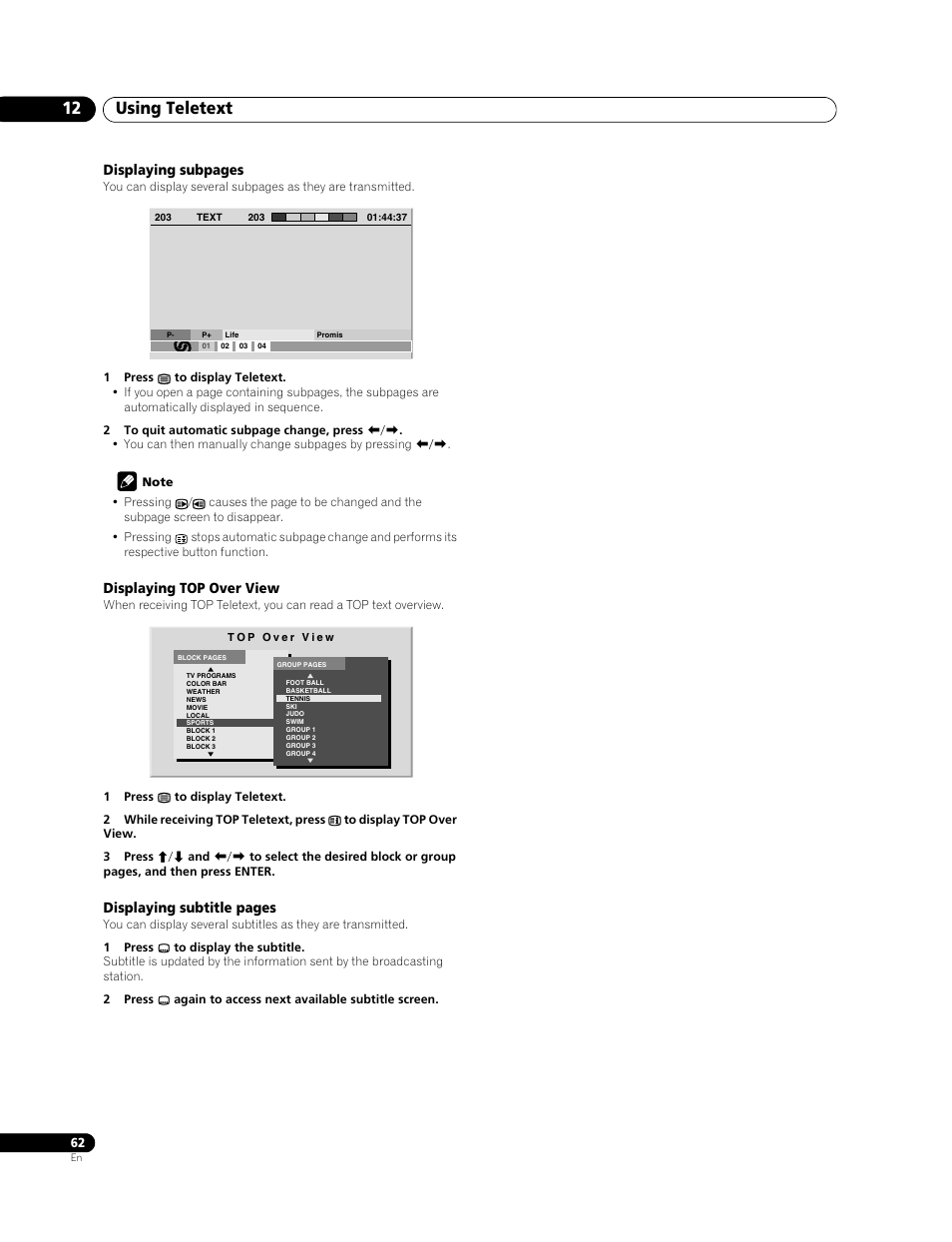 Using teletext 12 | Pioneer PDP-428XG User Manual | Page 62 / 266