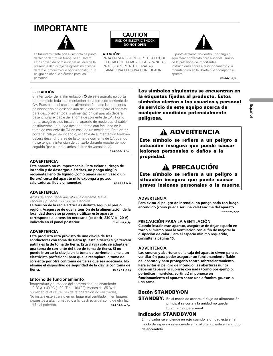 Importante, Advertencia precaución, Caution | Pioneer PDP-428XG User Manual | Page 69 / 266