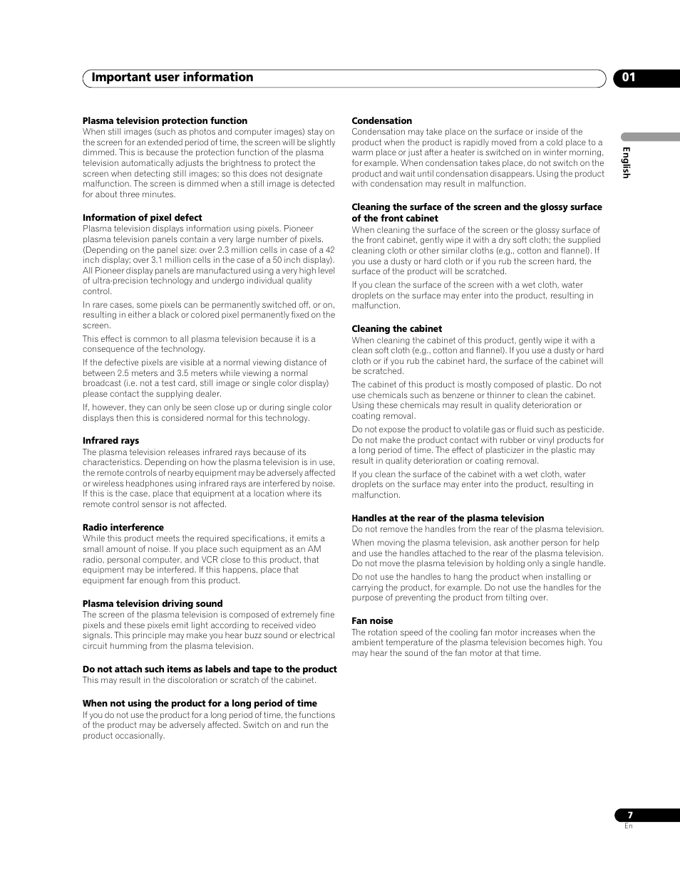 Important user information 01 | Pioneer PDP-428XG User Manual | Page 7 / 266