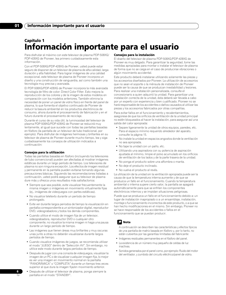01 información importante para el usuario, Información importante para el usuario, Información importante para el usuario 01 | Capítulo 1 | Pioneer PDP-428XG User Manual | Page 72 / 266