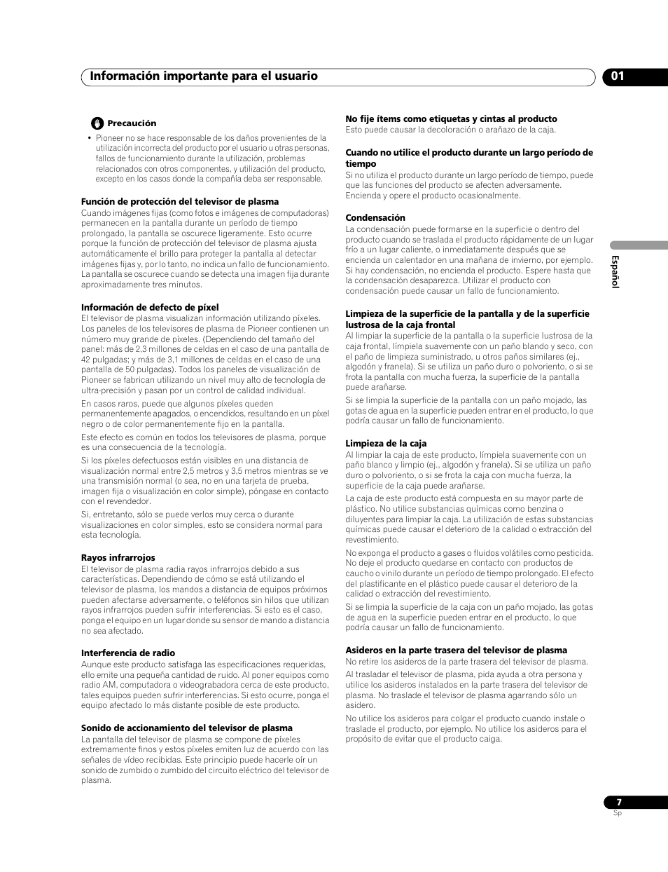 Información importante para el usuario 01 | Pioneer PDP-428XG User Manual | Page 73 / 266