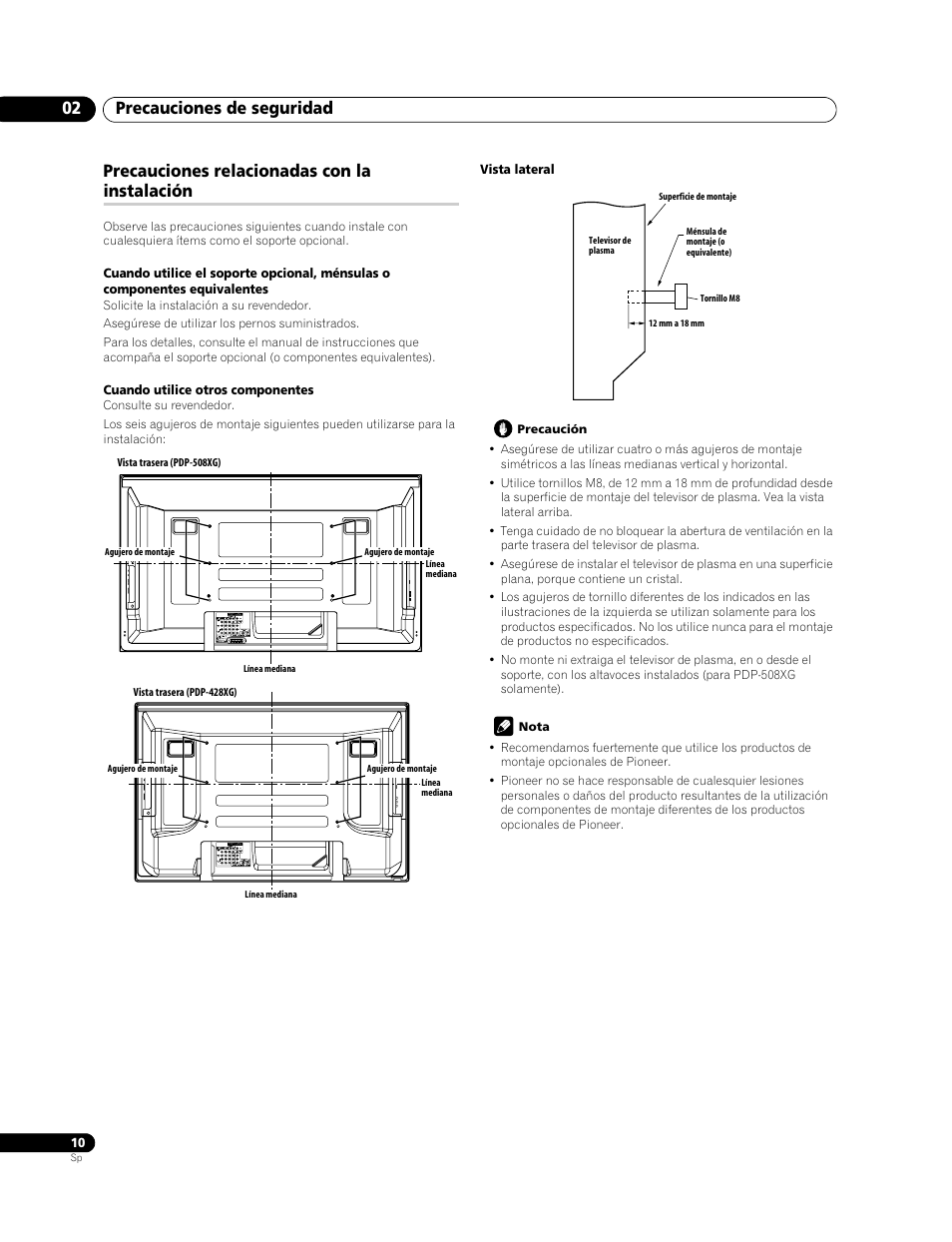 Precauciones relacionadas con la instalación, Precauciones de seguridad 02 | Pioneer PDP-428XG User Manual | Page 76 / 266