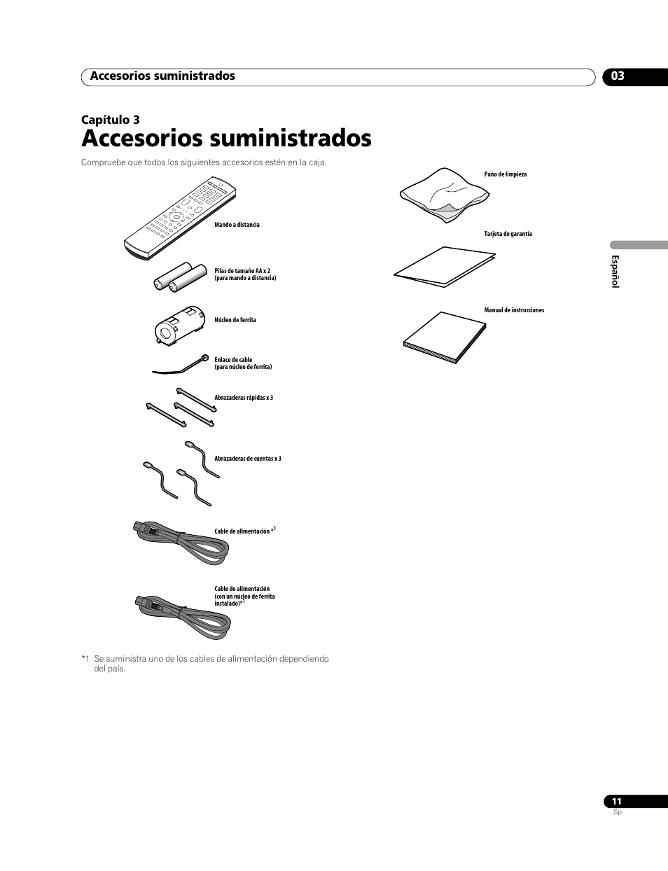 03 accesorios suministrados, Accesorios suministrados, Accesorios suministrados 03 | Capítulo 3 | Pioneer PDP-428XG User Manual | Page 77 / 266
