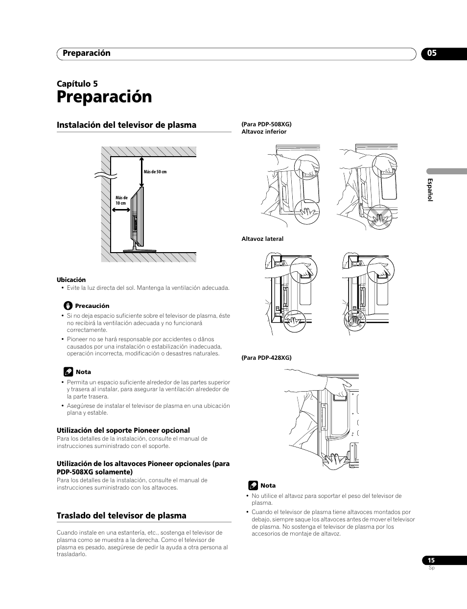 05 preparación, Preparación, Preparación 05 | Capítulo 5, Instalación del televisor de plasma, Traslado del televisor de plasma | Pioneer PDP-428XG User Manual | Page 81 / 266