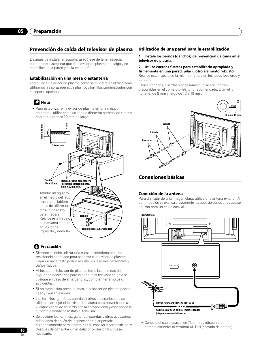 Preparación 05, Prevención de caída del televisor de plasma, Conexiones básicas | Pioneer PDP-428XG User Manual | Page 82 / 266