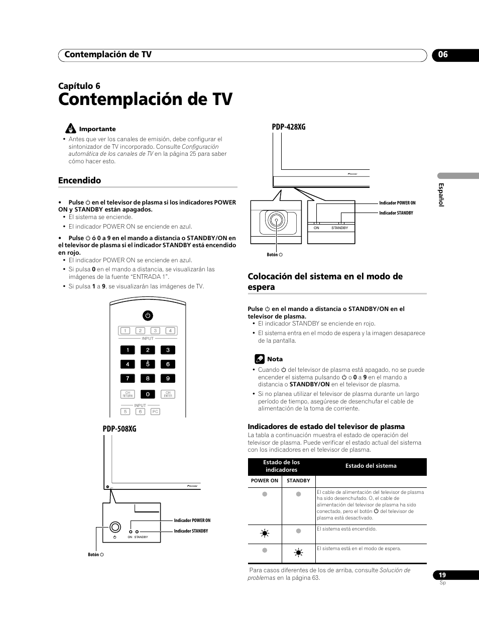 06 contemplación de tv, Contemplación de tv, Contemplación de tv 06 | Capítulo 6, Encendido, Colocación del sistema en el modo de espera, Pdp-508xg, Pdp-428xg | Pioneer PDP-428XG User Manual | Page 85 / 266