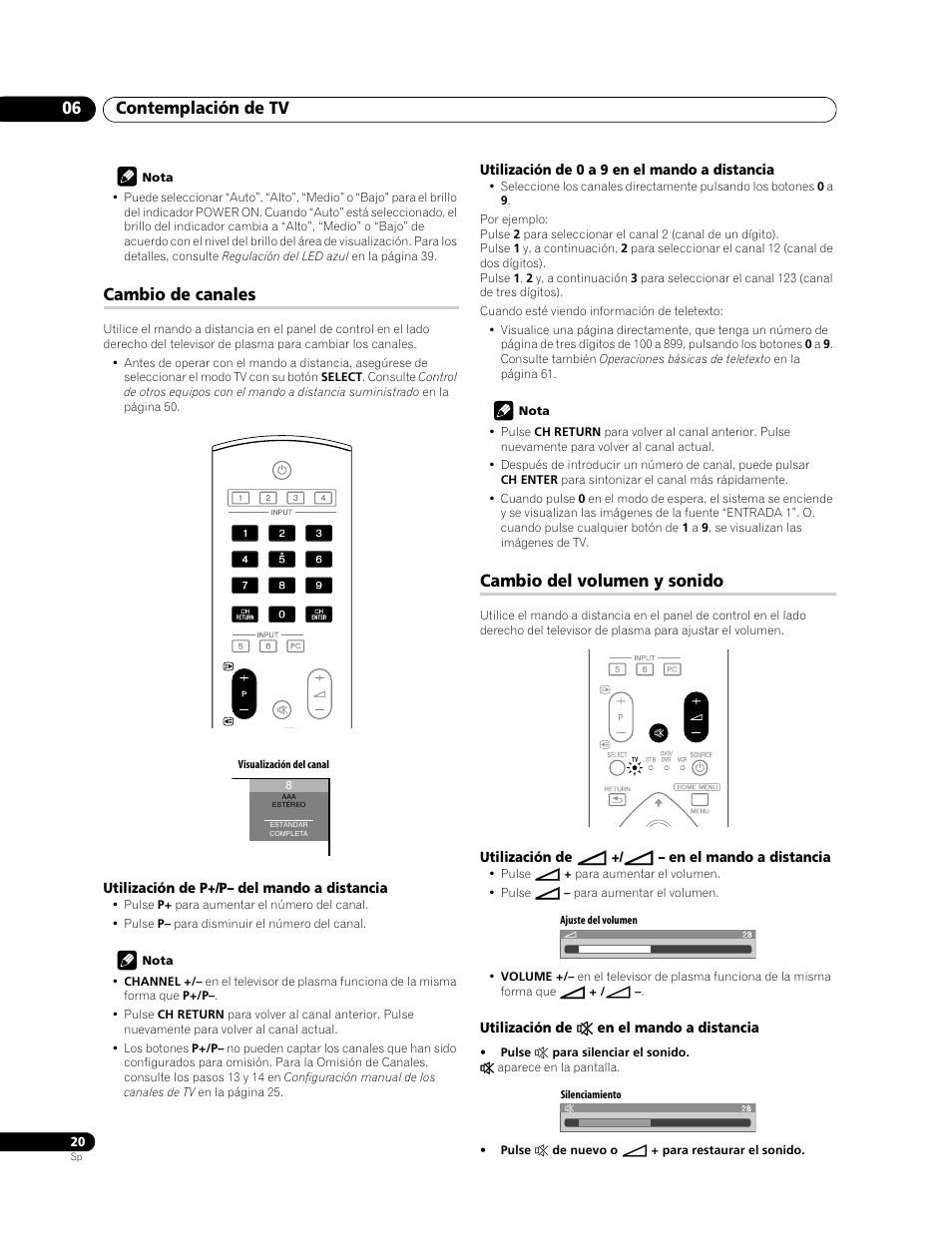 Cambio de canales cambio del volumen y sonido, Contemplación de tv 06, Cambio de canales | Cambio del volumen y sonido | Pioneer PDP-428XG User Manual | Page 86 / 266