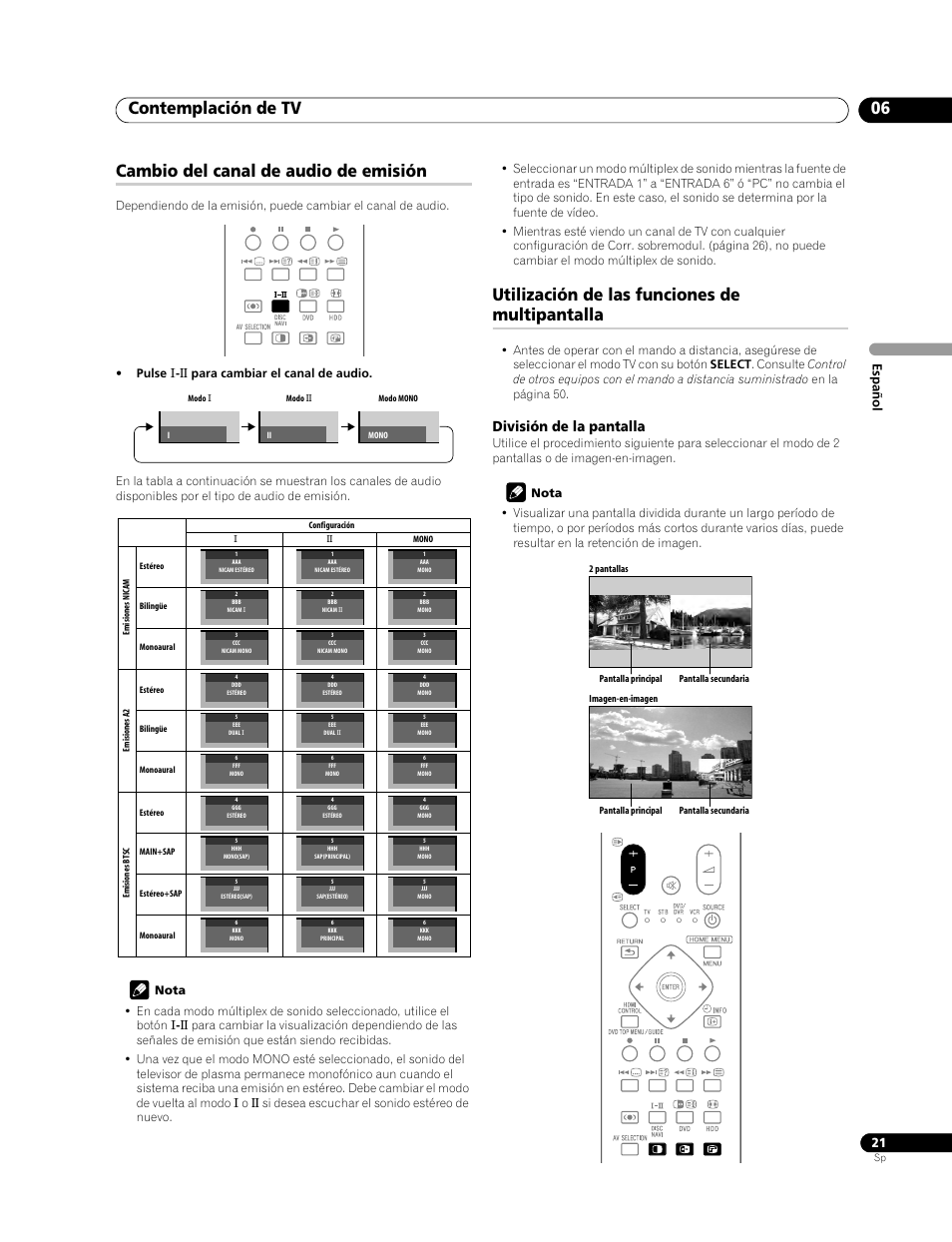 Contemplación de tv 06, Cambio del canal de audio de emisión, Utilización de las funciones de multipantalla | División de la pantalla, Es pa ñ o l | Pioneer PDP-428XG User Manual | Page 87 / 266