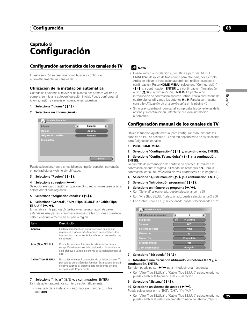 08 configuración, Configuración, Configuración 08 | Capítulo 8, Configuración automática de los canales de tv, Configuración manual de los canales de tv | Pioneer PDP-428XG User Manual | Page 91 / 266