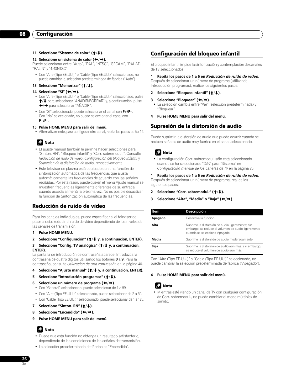 Configuración 08, Reducción de ruido de vídeo, Configuración del bloqueo infantil | Supresión de la distorsión de audio | Pioneer PDP-428XG User Manual | Page 92 / 266