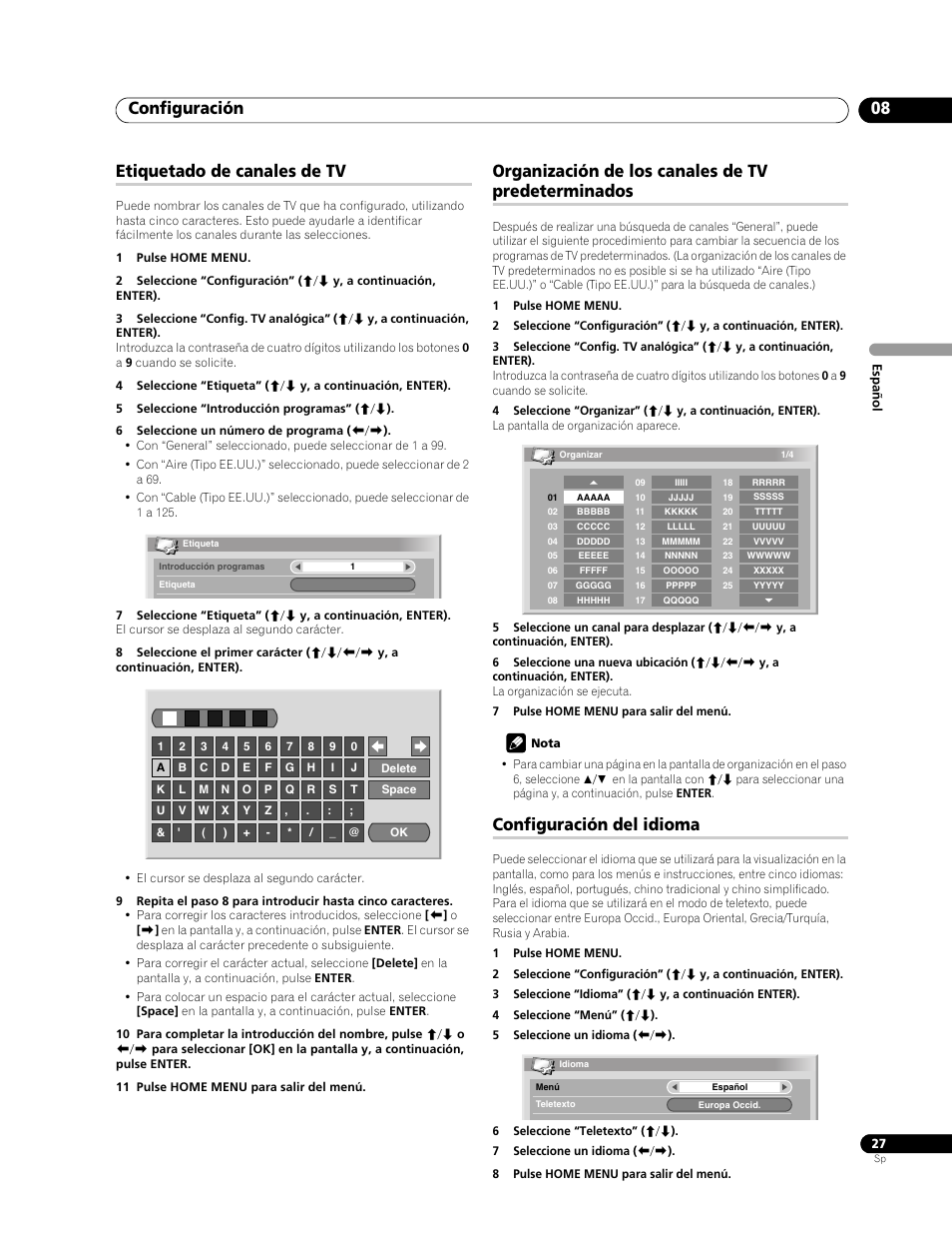 Configuración 08, Etiquetado de canales de tv, Organización de los canales de tv predeterminados | Configuración del idioma | Pioneer PDP-428XG User Manual | Page 93 / 266