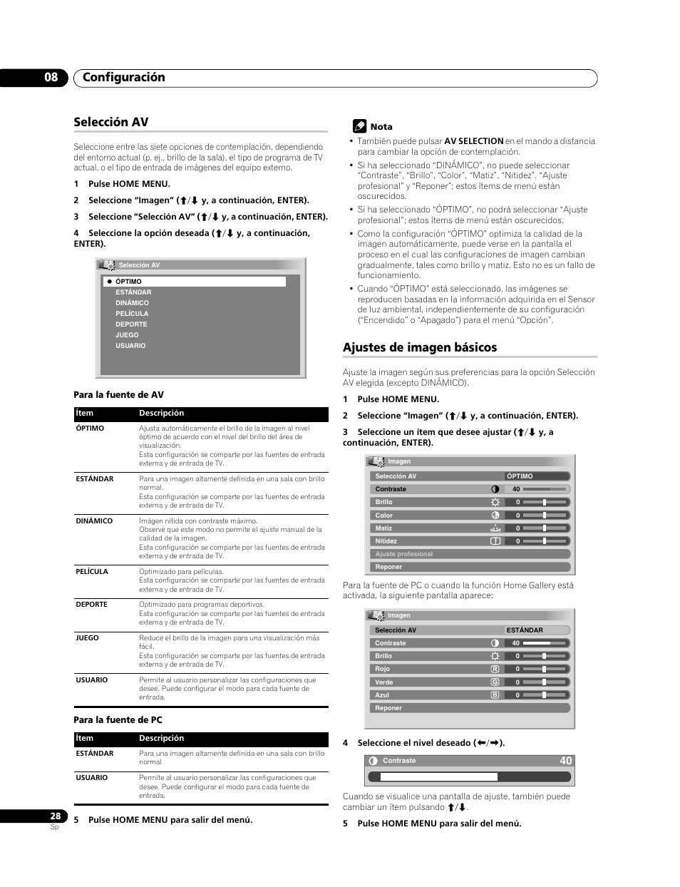 Selección av ajustes de imagen básicos, Configuración 08, Selección av | Ajustes de imagen básicos | Pioneer PDP-428XG User Manual | Page 94 / 266