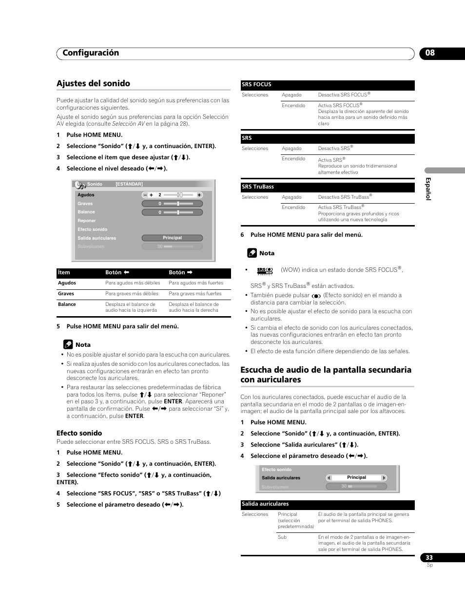 Configuración 08, Ajustes del sonido | Pioneer PDP-428XG User Manual | Page 99 / 266