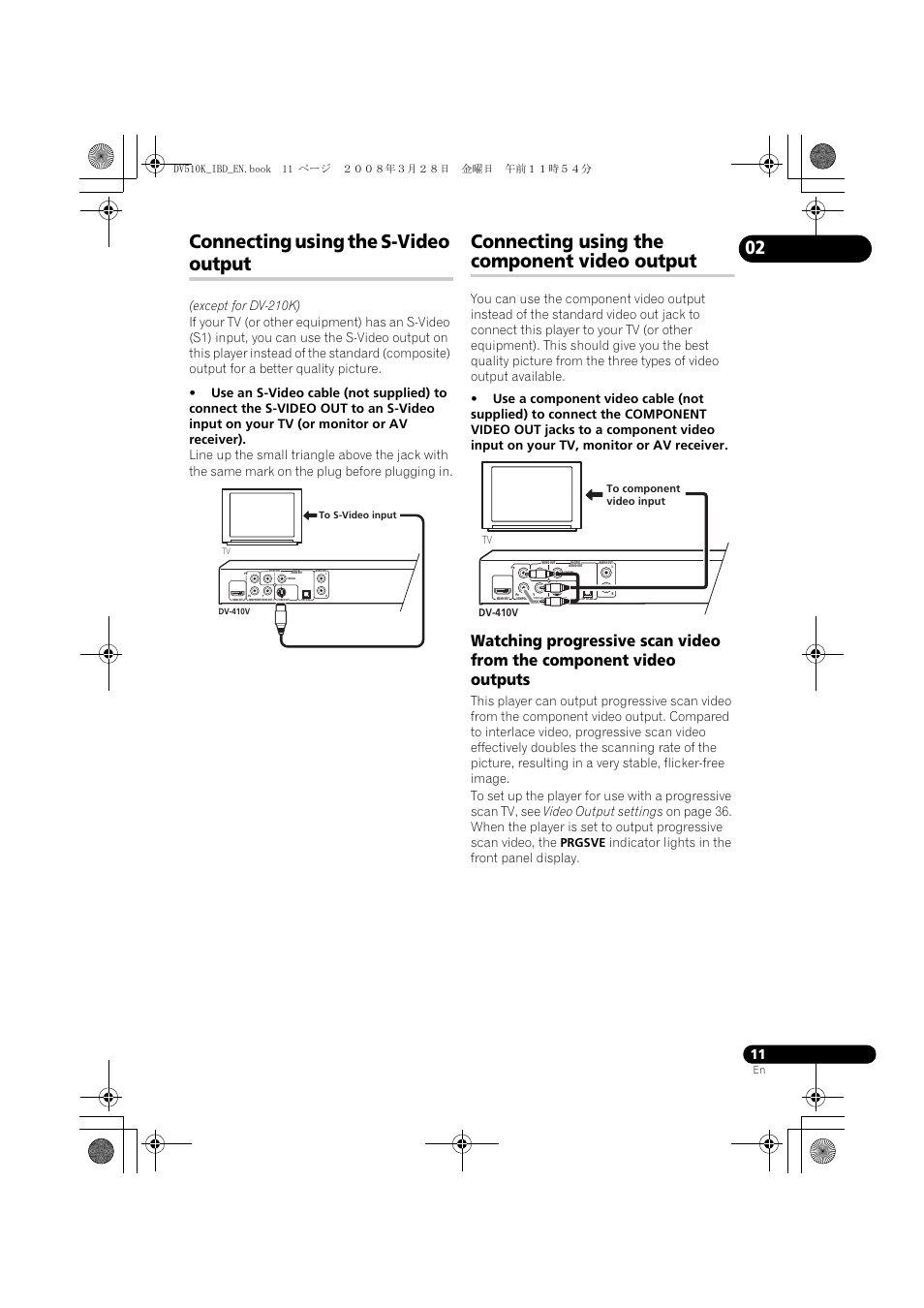 Connecting using the s-video output, Connecting using the component video output, Indicator lights in the front panel display | Prgsve | Pioneer DV-410V-S  EN User Manual | Page 11 / 52