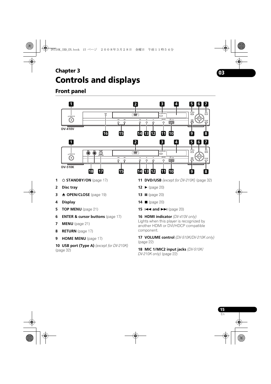 Front panel, Controls and displays, Chapter 3 | Pioneer DV-410V-S  EN User Manual | Page 15 / 52