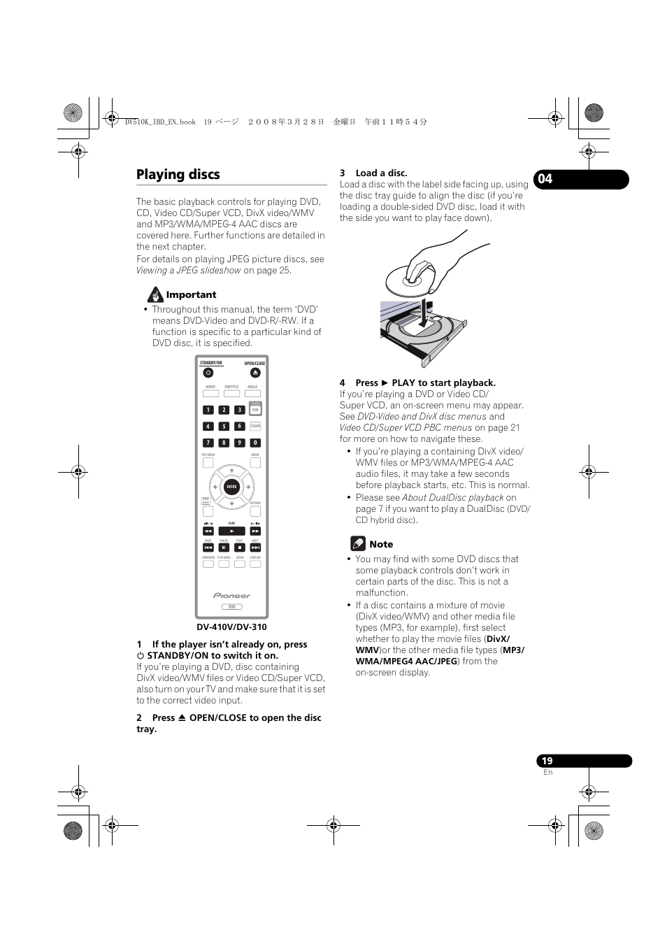 Playing discs | Pioneer DV-410V-S  EN User Manual | Page 19 / 52