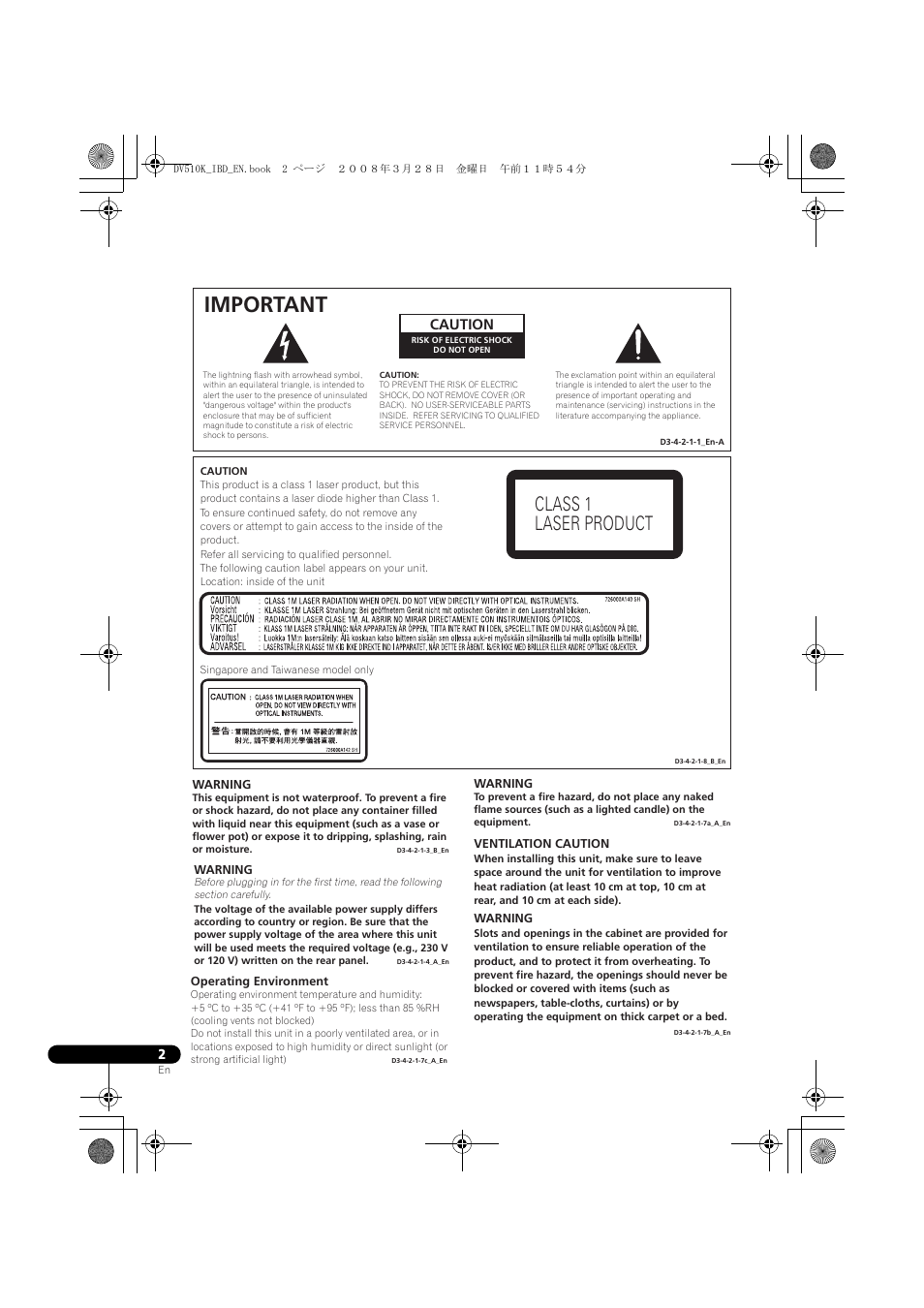 Important, Class 1 laser product, Caution | Pioneer DV-410V-S  EN User Manual | Page 2 / 52