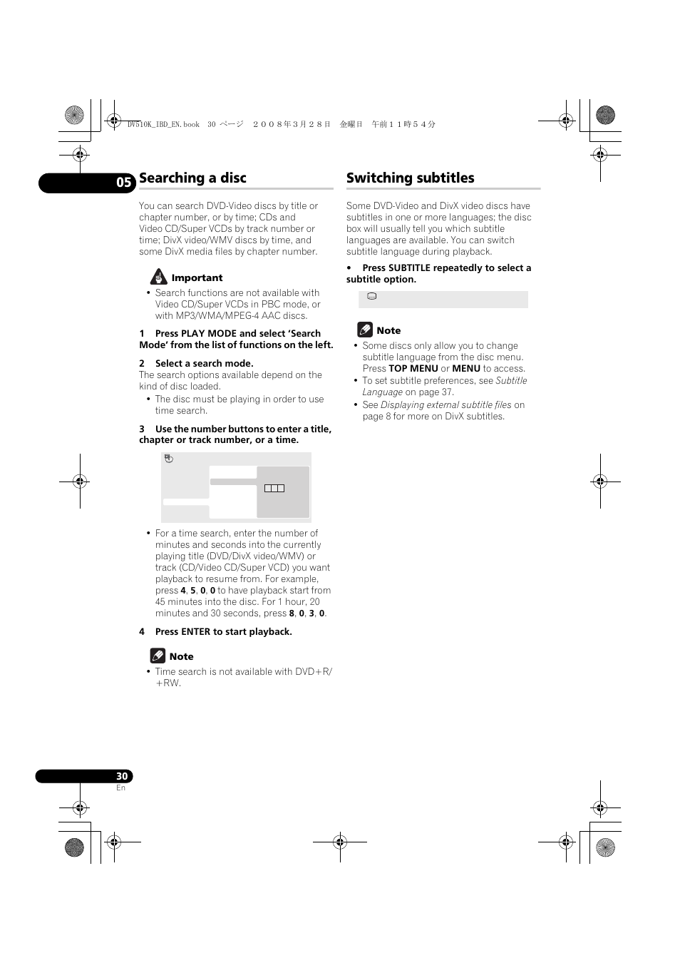 Searching a disc, Switching subtitles | Pioneer DV-410V-S  EN User Manual | Page 30 / 52