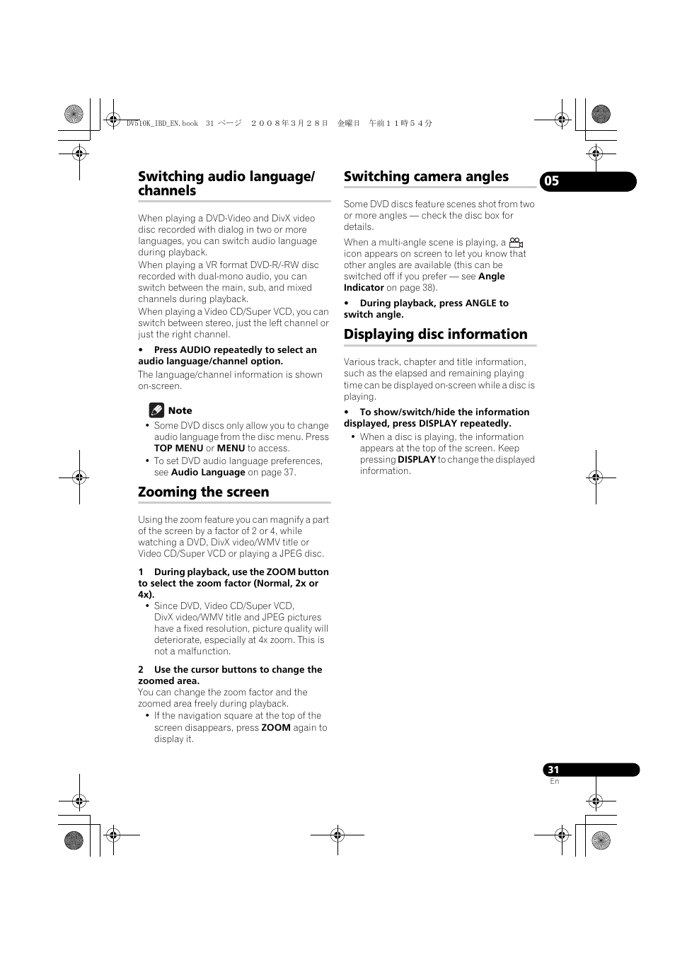 Switching audio language/channels, Zooming the screen, Switching camera angles | Displaying disc information, Switching audio language/ channels | Pioneer DV-410V-S  EN User Manual | Page 31 / 52