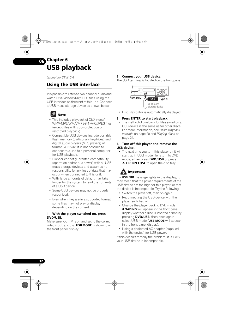 Using the usb interface, Usb playback, Chapter 6 | Pioneer DV-410V-S  EN User Manual | Page 32 / 52